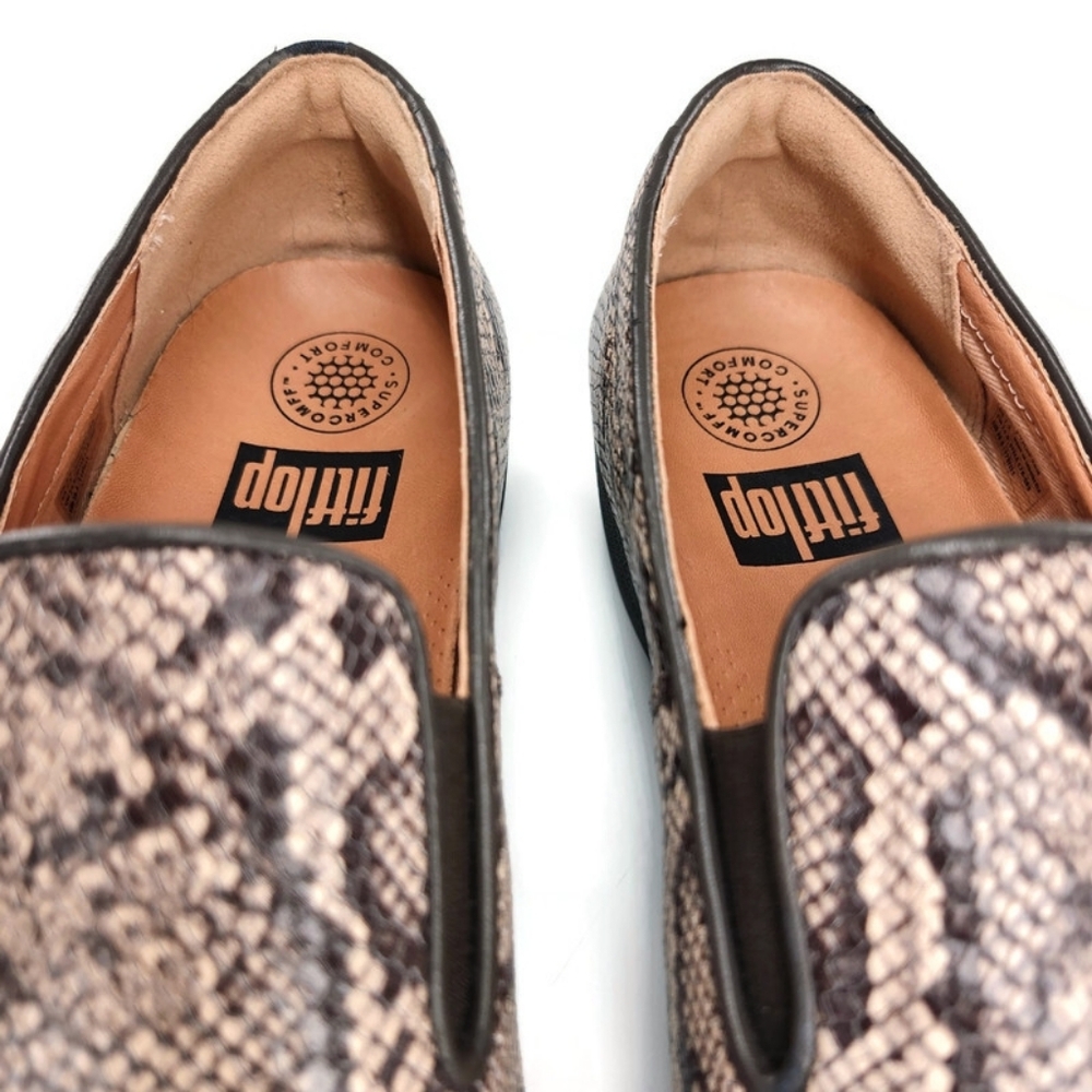 Fitflop Superskate Taupe Beige & Grey Snake Print Leather Slip-On Loafers - Picture 4 of 13